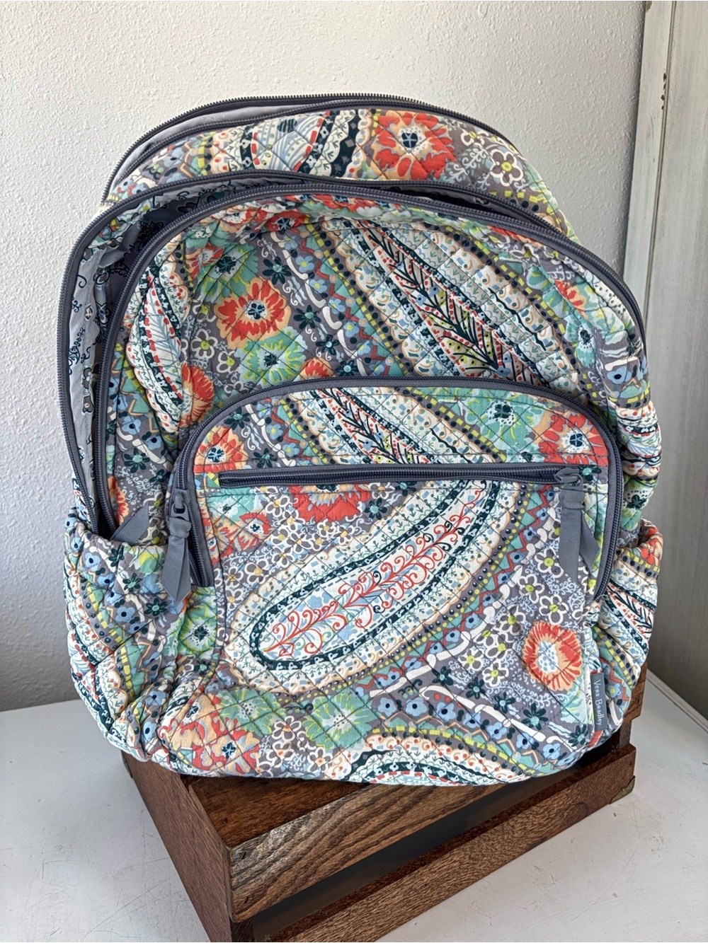 Vera Bradley Quilted Paisley Backpack in Gray with Coral & Aqua Accents